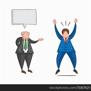 Hand-drawn vector illustration boss gives good news to businessman worker and he is very happy. Colored and colored outlines.