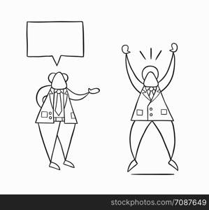 Hand-drawn vector illustration boss gives good news to businessman worker and he is very happy. White colored and black outlines.