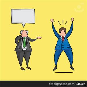 Hand-drawn vector illustration boss gives good news to businessman worker and he is very happy. Colored and black outlines, yellow background.