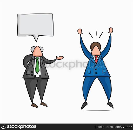 Hand-drawn vector illustration boss gives good news to businessman worker and he is very happy. Colored and black outlines.