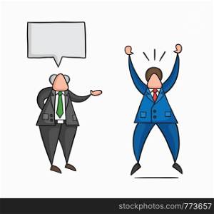 Hand-drawn vector illustration boss gives good news to businessman worker and he is very happy. Colored and black outlines.