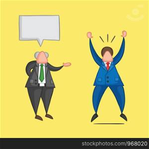 Hand-drawn vector illustration boss gives good news to businessman worker and he is very happy. Colored and colored outlines, yellow background.