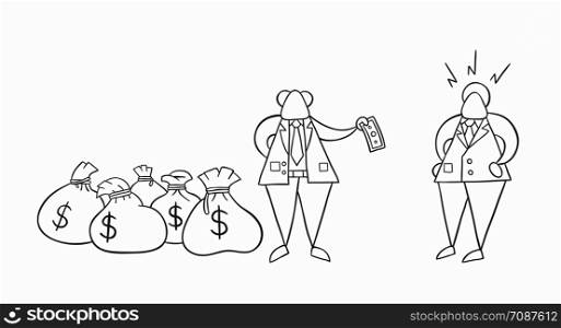 Hand-drawn vector illustration boss has a lot of money with sacks and pays one money to his businessman worker. White colored and black outlines.