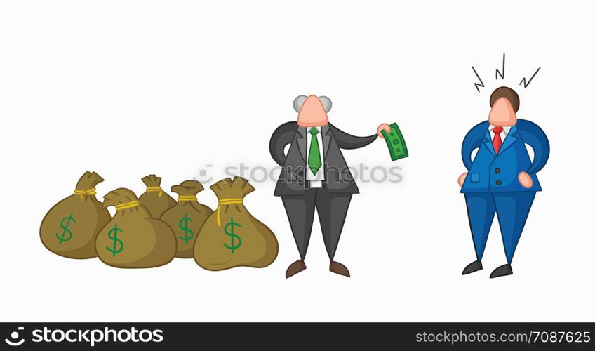 Hand-drawn vector illustration boss has a lot of money with sacks and pays one money to his businessman worker. Colored and colored outlines.