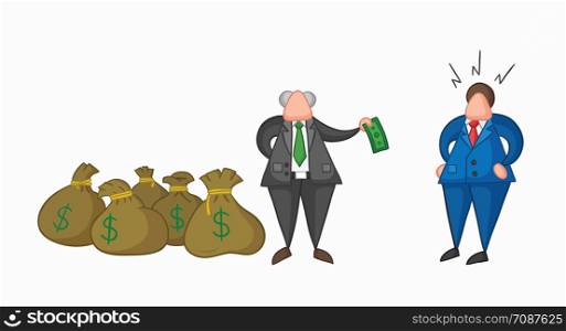 Hand-drawn vector illustration boss has a lot of money with sacks and pays one money to his businessman worker. Colored and colored outlines.