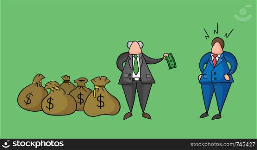 Hand-drawn vector illustration boss has a lot of money with sacks and pays one money to his businessman worker. Colored and black outlines, green background.