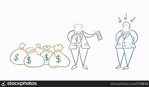 Hand-drawn vector illustration boss has a lot of money with sacks and pays one money to his businessman worker. White colored and colored outlines.