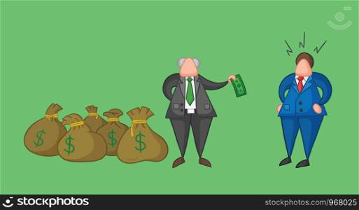 Hand-drawn vector illustration boss has a lot of money with sacks and pays one money to his businessman worker. Colored and colored outlines, green background.