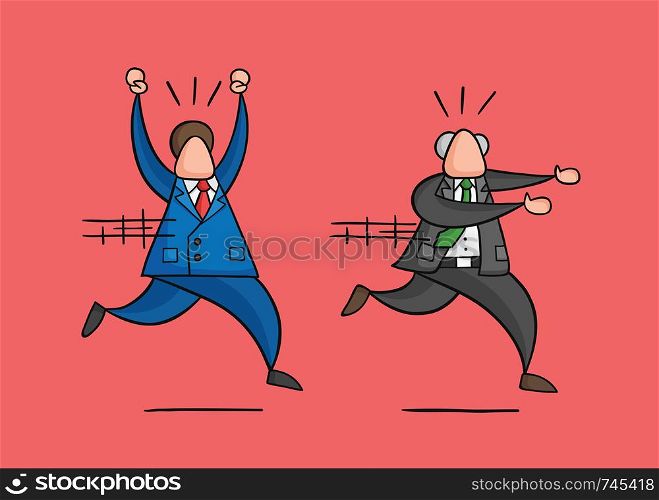 Hand-drawn vector illustration boss runs away from angry businessman worker. Colored and black outlines, red background.