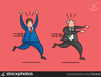 Hand-drawn vector illustration boss runs away from angry businessman worker. Colored and black outlines, red background.