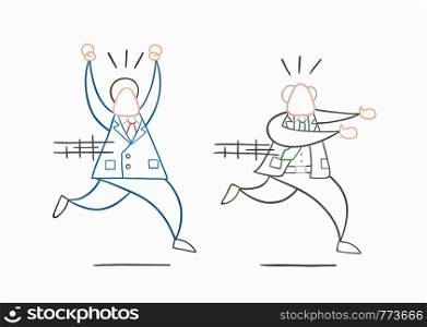 Hand-drawn vector illustration boss runs away from angry businessman worker. White colored and colored outlines.