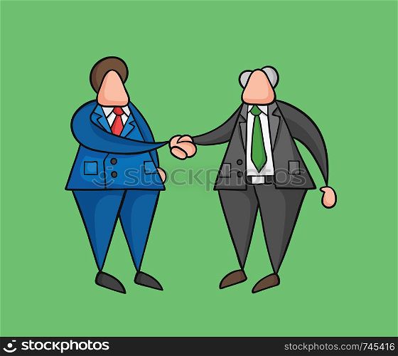 Hand-drawn vector illustration businessman worker and boss shaking hands. Colored and black outlines, green background.