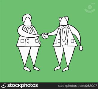 Hand-drawn vector illustration businessman worker and boss shaking hands. White colored and black outlines, green background.