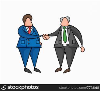 Hand-drawn vector illustration businessman worker and boss shaking hands. Colored and black outlines.