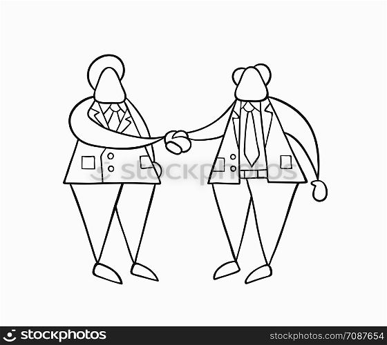 Hand-drawn vector illustration businessman worker and boss shaking hands. White colored and black outlines.