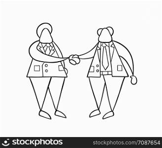 Hand-drawn vector illustration businessman worker and boss shaking hands. White colored and black outlines.