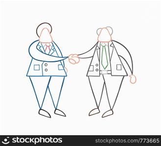 Hand-drawn vector illustration businessman worker and boss shaking hands. White colored and colored outlines.