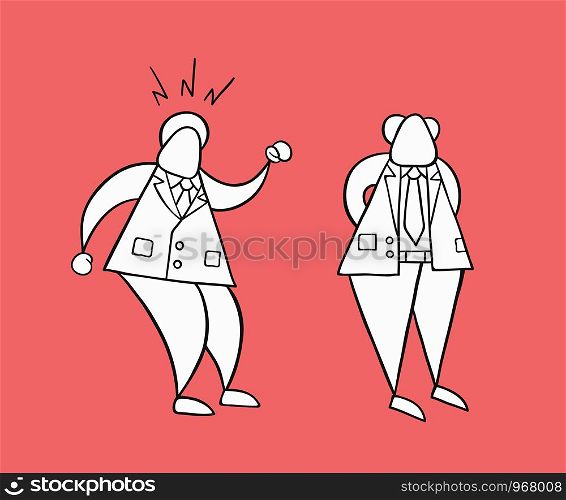 Hand-drawn vector illustration businessman worker angry at boss. White colored and black outlines, red background.