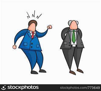 Hand-drawn vector illustration businessman worker angry at boss. Colored and black outlines.