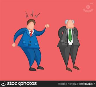 Hand-drawn vector illustration businessman worker angry at boss. Colored and colored outlines, red background.
