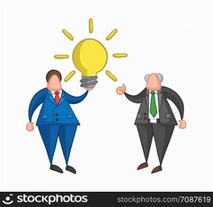 Hand-drawn vector illustration businessman worker holding glowing light-bulb, has a good idea and boss showing thumbs-up. Colored and colored outlines.