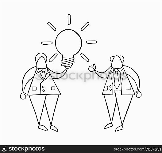 Hand-drawn vector illustration businessman worker holding glowing light-bulb, has a good idea and boss showing thumbs-up. White colored and black outlines.