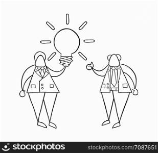 Hand-drawn vector illustration businessman worker holding glowing light-bulb, has a good idea and boss showing thumbs-up. White colored and black outlines.