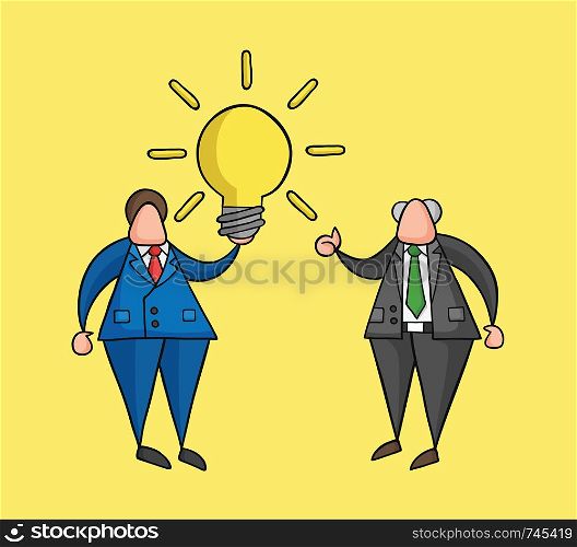 Hand-drawn vector illustration businessman worker holding glowing light-bulb, has a good idea and boss showing thumbs-up. Colored and black outlines, yellow background.