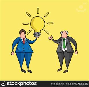 Hand-drawn vector illustration businessman worker holding glowing light-bulb, has a good idea and boss showing thumbs-up. Colored and black outlines, yellow background.