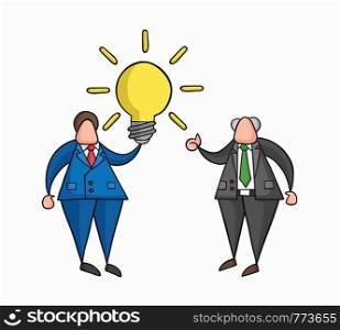 Hand-drawn vector illustration businessman worker holding glowing light-bulb, has a good idea and boss showing thumbs-up. Colored and black outlines.