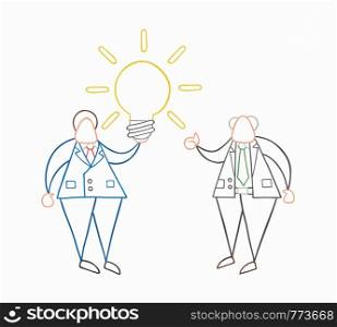 Hand-drawn vector illustration businessman worker holding glowing light-bulb, has a good idea and boss showing thumbs-up. White colored and colored outlines.