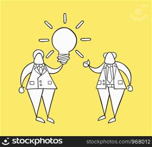 Hand-drawn vector illustration businessman worker holding glowing light-bulb, has a good idea and boss showing thumbs-up. White colored and black outlines, yellow background.