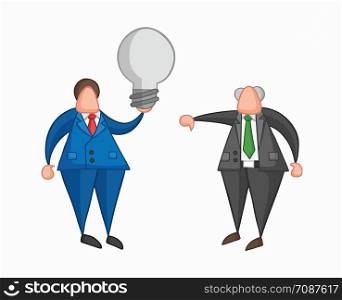 Hand-drawn vector illustration businessman worker holding grey light-bulb, has a bad idea and boss showing thumbs-down. Colored and colored outlines.
