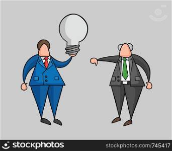 Hand-drawn vector illustration businessman worker holding grey light-bulb, has a bad idea and boss showing thumbs-down. Colored and black outlines, grey background.