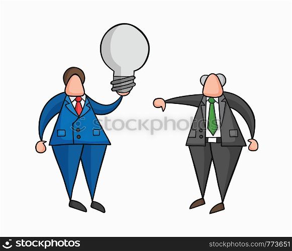 Hand-drawn vector illustration businessman worker holding grey light-bulb, has a bad idea and boss showing thumbs-down. Colored and black outlines.