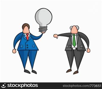 Hand-drawn vector illustration businessman worker holding grey light-bulb, has a bad idea and boss showing thumbs-down. Colored and black outlines.