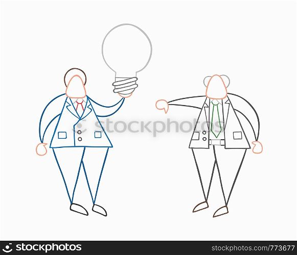 Hand-drawn vector illustration businessman worker holding grey light-bulb, has a bad idea and boss showing thumbs-down. White colored and colored outlines.