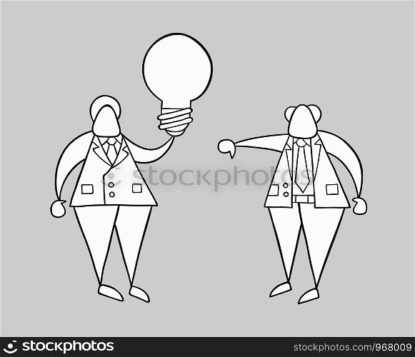Hand-drawn vector illustration businessman worker holding grey light-bulb, has a bad idea and boss showing thumbs-down. White colored and black outlines, grey background.