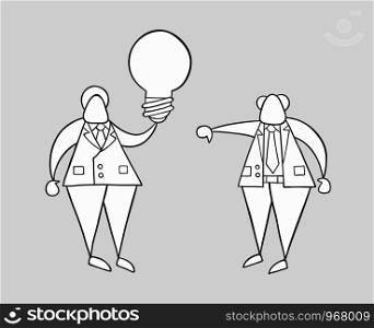 Hand-drawn vector illustration businessman worker holding grey light-bulb, has a bad idea and boss showing thumbs-down. White colored and black outlines, grey background.