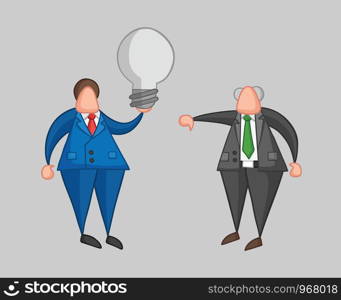 Hand-drawn vector illustration businessman worker holding grey light-bulb, has a bad idea and boss showing thumbs-down. Colored and colored outlines, grey background.