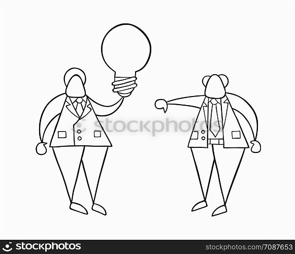 Hand-drawn vector illustration businessman worker holding light-bulb, has a bad idea and boss showing thumbs-down. White colored and black outlines.