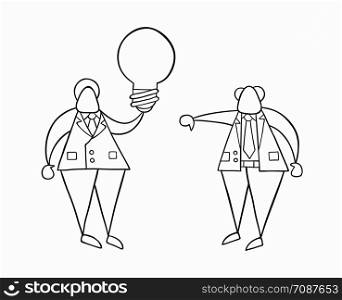 Hand-drawn vector illustration businessman worker holding light-bulb, has a bad idea and boss showing thumbs-down. White colored and black outlines.