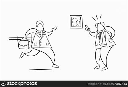 Hand-drawn vector illustration businessman worker late for work and angry boss shows him what time is it. White colored and black outlines.