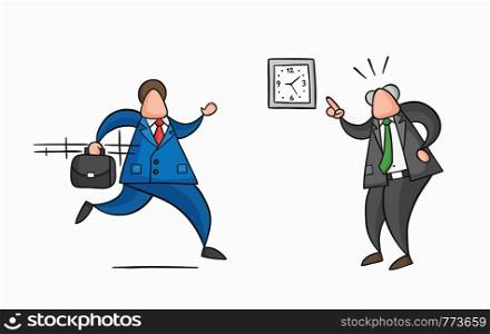 Hand-drawn vector illustration businessman worker late for work and angry boss shows him what time is it. Colored and black outlines.