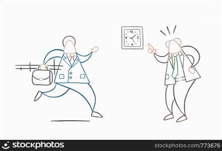 Hand-drawn vector illustration businessman worker late for work and angry boss shows him what time is it. White colored and colored outlines.