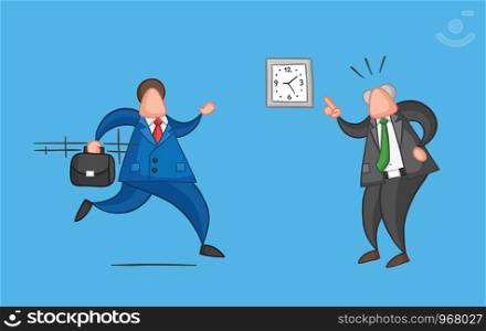 Hand-drawn vector illustration businessman worker late for work and angry boss shows him what time is it. Colored and colored outlines, blue background.