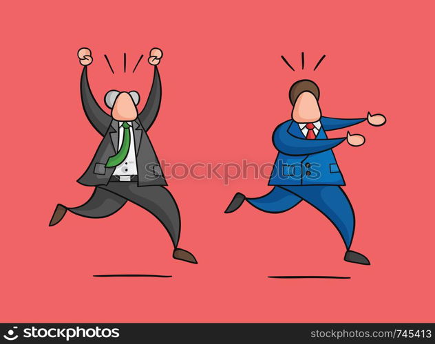 Hand-drawn vector illustration businessman worker runs away from angry boss. Colored and black outlines, red background.