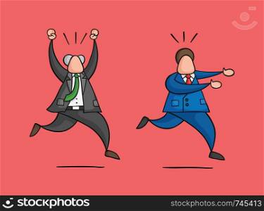 Hand-drawn vector illustration businessman worker runs away from angry boss. Colored and black outlines, red background.