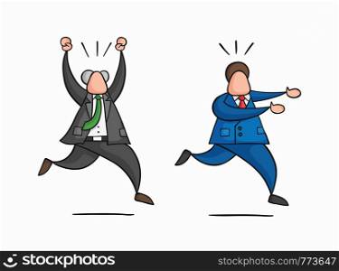 Hand-drawn vector illustration businessman worker runs away from angry boss. Colored and black outlines.