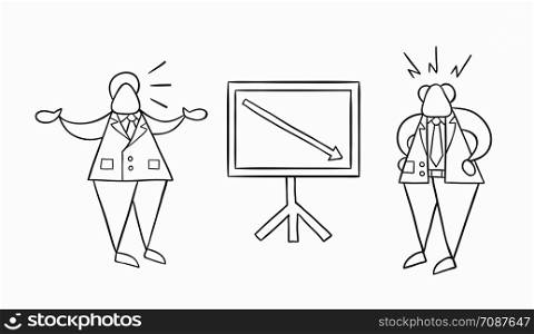 Hand-drawn vector illustration businessman worker showing sales chart arrow moving down and boss is angry. White colored and black outlines.